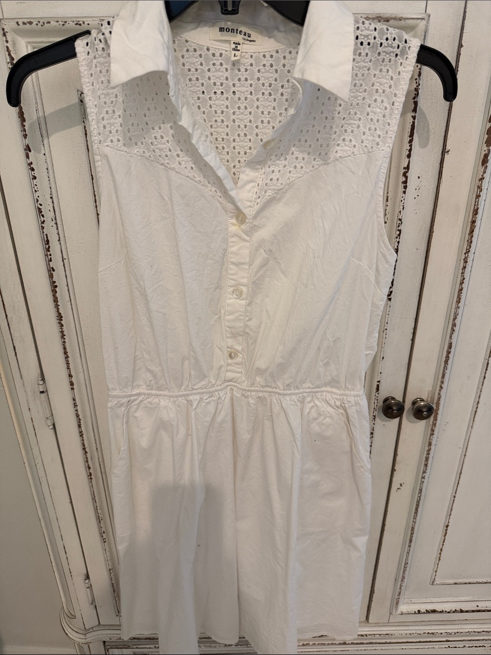 Monteau White Eyelet Yoke Sleeveless Shirt Dress